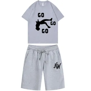 Men summer casual short sleeve t-shirt and shorts set grey comfortable streetwear outfit