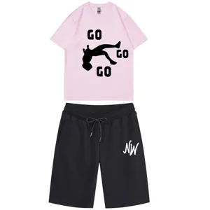 Summer mens casual streetwear pink t-shirt and black shorts two piece tracksuit clothing set.