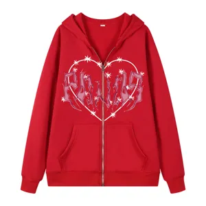 Herren roter gotischer Kapuzenpullover mit Reißverschluss und Herz-Grafik, Fleece.