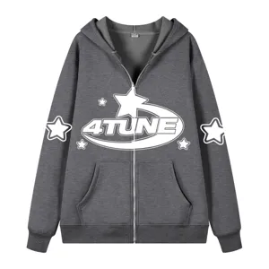 Men's Dark Grey Zip-up Hoodie Y2K Streetwear Casual Jacket with Star Graphic Print L