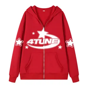Red Y2K Full Zip Hoodie Men Streetwear Star Print Casual Hooded Jacket Outerwear