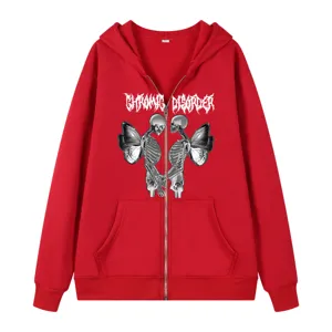 Roter Kapuzenpullover mit Reißverschluss, Gothic-Skelett-Schmetterlings-Grafik und Streetwear.