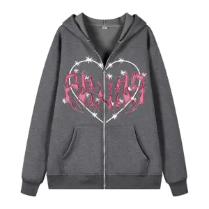 Herren dunkelgrauer Kapuzenpullover mit Reißverschluss, gothischem Herz-Print und Fleece-Futter.