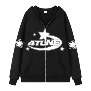 Men's Casual Full Zip Hooded Sweatshirt Y2K Vintage Star Print Fleece Lined Long Sleeve Hoodie Outerwear Top