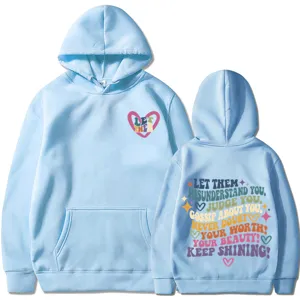 Hellblauer lässiger Pullover Hoodie für Damen mit Retro inspiriertem Buchstaben-Print und Tasche.