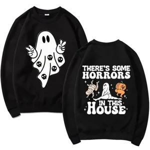 Halloween Ghost Graphic Print Pullover Top Loose Long Sleeve Crew Neck Fleece Sweatshirt There's Some Horrors In This House Letter Print Unisex Casual Streetwear