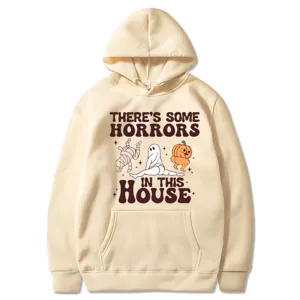 Sweat-shirt à capuche beige à manches longues avec imprimé fantôme d'Halloween drôle.
