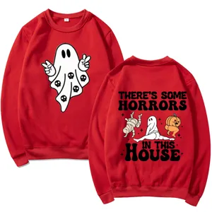 Red Halloween Ghost Graphic Print Long Sleeve Crewneck Casual Sweatshirt for Women