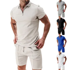 Men's Casual Waffle Knit Suit Short Sleeve Lapel Zipper Top And Shorts Set Summer Solid Color Loose Fashion Outfits