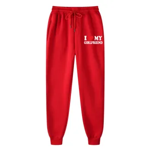 Red thick fleece sweatpants with I love my girlfriend letter print for casual daily wear.