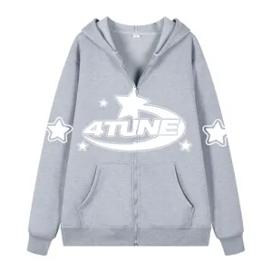 Grey full zip hoodie for men, Y2K vintage style with star graphic and comfortable fit streetwear.