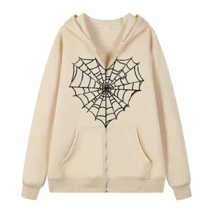 Beigefarbene Kapuzenjacke mit Reißverschluss und Herz-Spinnennetz-Grafik Streetwear