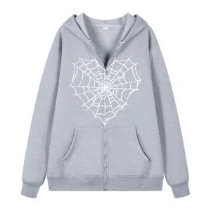 Grauer Kapuzenpullover mit Reißverschluss und coolem Herz-Spinnennetz-Print im Streetwear-Style.