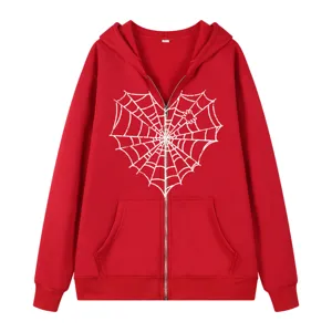 Roter Kapuzenpullover mit Reißverschluss für Damen, weißes Herz Spinnennetz Grafik, Streetwear.