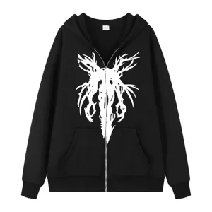 Sweat à capuche zippé streetwear noir avec imprimé graphique tendance et coupe ample.