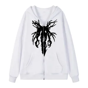 Sweat à capuche zippé blanc avec imprimé gothique, style streetwear décontracté couple.