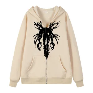 Vue détaillée du sweat à capuche zippé style gothique avec imprimé et poches pratiques.
