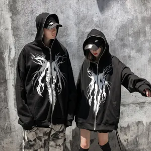 Top à Capuche Unisexe Style Sombre Imprimé Doublé Polaire Fermeture Éclair Totale Hip Hop Streetwear Veste Cardigan Ample pour Hommes Femmes
