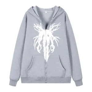 Sweat à Capuche Zippé Gris Style Sombre Streetwear Imprimé Vêtement d'Extérieur