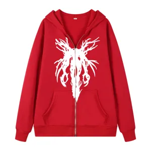 Sweat à capuche zippé style gothique sombre pour hommes et femmes streetwear tendance.