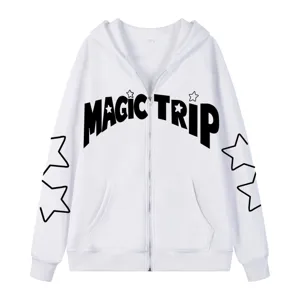 Sudadera con capucha y cremallera blanca para hombre streetwear manga larga con diseño de estrellas