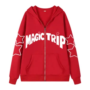 Sudadera con capucha y cremallera completa roja para hombre con letras y estrellas