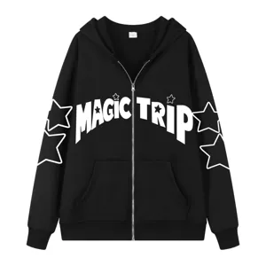 Sudadera con Capucha Casual de Poliéster Estampado Felpa Cremallera Completa Holgado Manga Larga Alfabeto Estrella Patrón Cálido Unisex Top