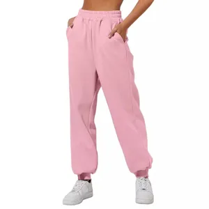 Women high waist loose sweatpants casual comfy jogging pants with pockets pink daily wear