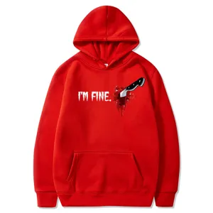 Sweat à capuche rouge avec imprimé de couteau sanglant, sweat-shirt décontracté à manches longues.