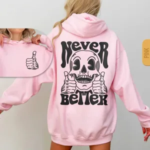 Unisex Halloween Skull Graphic Hoodie Fleece Lined Long Sleeve Pullover Sweatshirt Never Better Print Pocket Casual Top