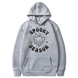 Grauer Halloween Spooky Season Geist Druck Langarm Kapuzenpullover mit vorderer Tasche.