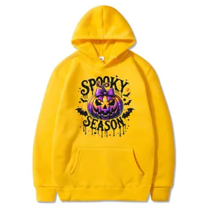 Gelber Halloween Kürbis Print Hoodie mit Tasche, bequemer Langarm Kapuzenpullover für Damen.