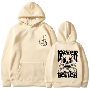 Beige hooded sweatshirt with front pocket, cool skull graphic print, unisex casual streetwear.