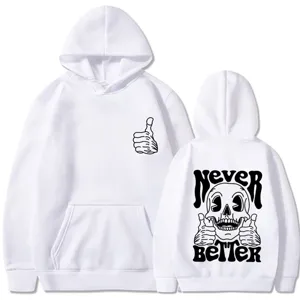 White long sleeve hooded sweatshirt with skull graphic print, casual streetwear pullover top.