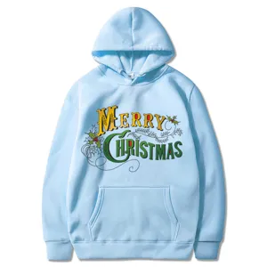 Sweat à capuche de Noël décontracté pour hommes et femmes, pull à manches longues bleu clair.