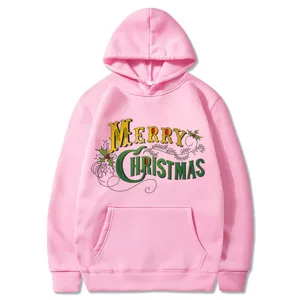 Sweat à capuche rose avec imprimé de Noël, pull à manches longues décontracté pour tous.