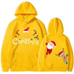 Sudadera navideña amarilla con estampado de Papá Noel y reno de dibujos animados. Casual.