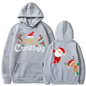 Sudadera con capucha gris casual con un lindo estampado navideño y letras festivas.