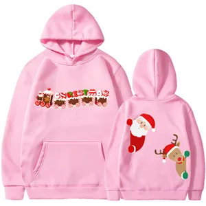 Sweat à capuche rose imprimé de Noël pour hommes et femmes, pull à manches longues.