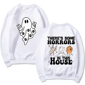 Halloween horror graphic crewneck sweatshirt, casual white long sleeve top for women and men.