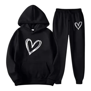 Black hoodie and sweatpants set featuring a white sketched heart print for women casual daily wear.