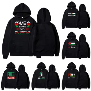 Unisex Black Hooded Sweatshirt Free Palestine Slogan Print Casual Pullover Hoodie
