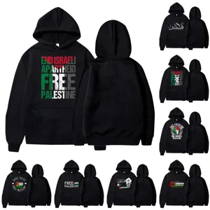 Free Palestine activist slogan black hooded sweatshirt with multiple print options.