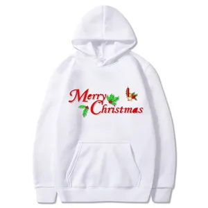 Felpa con cappuccio bianca stampata di Natale, felpa casual a maniche lunghe per uomo e donna.