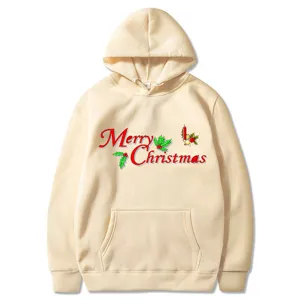 Felpa con cappuccio beige con stampa natalizia, felpa pullover casual alla moda per uomo e donna