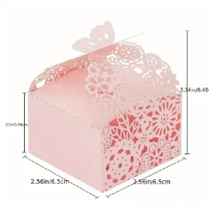 Detail view of pink hollowed-out wedding favor box showing dimensions of 6.5 x 6.5 x 8.48 cm
