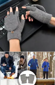 Guantes calefactables de punto gris con solapa para oficina y actividades de running invernal