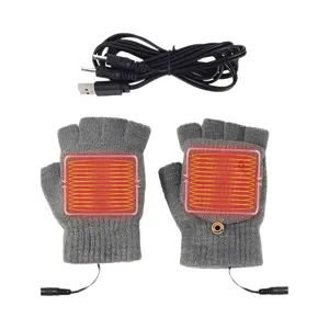 Grijze USB verwarmde gebreide vingerloze handschoenen met pads en extra stroomkabel