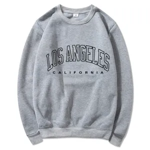 Classic grey crewneck sweatshirt featuring stylish Los Angeles California lettering print.