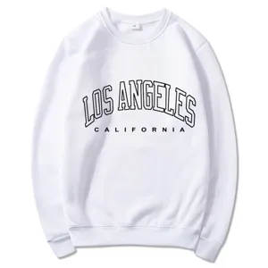 Women white casual loose crewneck sweatshirt with Los Angeles California print top fashion.